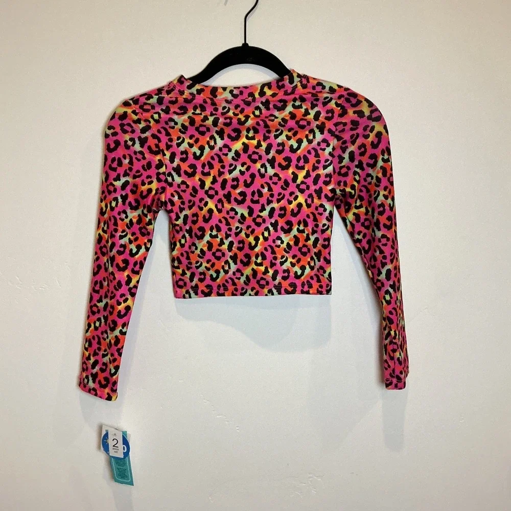 Wave Zone Girls Long Sleeve‎ Crop Top M 7/8 Neon Leopard Print